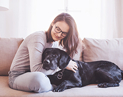 woman hugging trained dog woman hugging dog on the couch